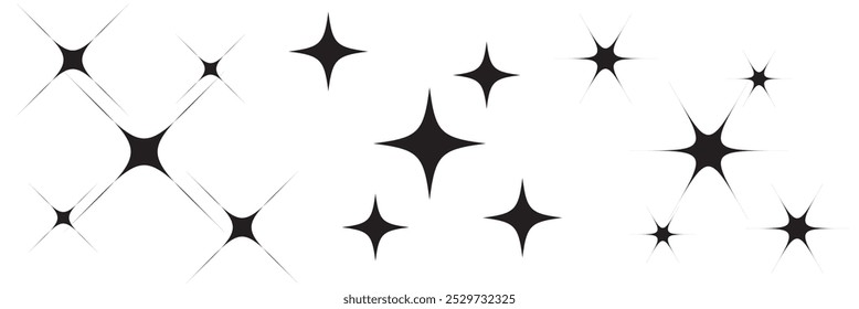 Coleção de ícones de vetor brilhante futurista retrô. Conjunto de formas originais de brilho estelar. Sinal vetorial de efeito de brilho abstrato. Efeito de luz brilhante, twinkle templates estrelas e explosões, flash brilhante