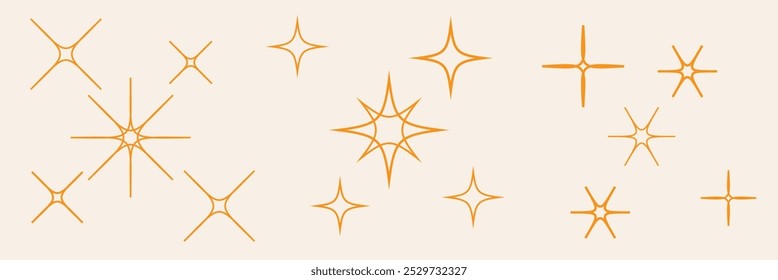 Coleção de ícones de vetor brilhante futurista retrô. Conjunto de formas originais de brilho estelar. Sinal vetorial de efeito de brilho abstrato. Efeito de luz brilhante, twinkle templates estrelas e explosões, flash brilhante