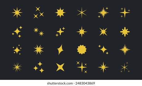 Retro futuristic bright vector yellow icons collection. Set of original star sparkle shapes. Abstract shine effect vector sign. Glowing light effect, twinkle templates stars and bursts, shiny flash.