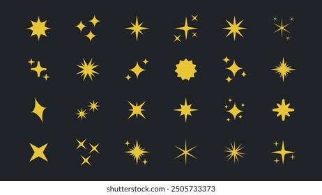 Retro futuristic bright vector yellow icons collection. Set of original star sparkle shapes. Abstract shine effect vector sign. Glowing light effect, twinkle templates stars and bursts, shiny flash.