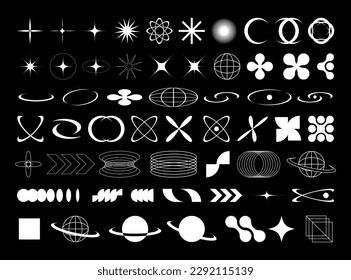 Retro futuristic brutal elements for design. Big collection of abstract graphic geometric symbols and objects in y2k style. Templates for notes, posters, banners, stickers, business cards, logo.