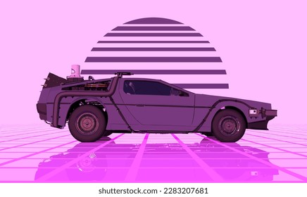 Retro futuristic car against light pink sky with striped sun reflecting on a grid neon surface. Cyberpunk concept. Synthwave poster. Retro future wallpaper. Vector illustration.