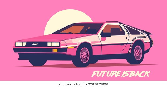 Auto retro futurista contra fondo rosa mudo con el texto 