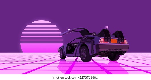 Retro futuristic car against purple sky with striped sun on a grid neon surface. Cyberpunk concept. Synthwave poster. Retro future wallpaper. Vector illustration. EPS 10.