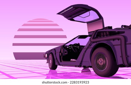 Retro futuristic car against purple sky with striped sun on a grid neon surface. Cyberpunk concept. Synthwave poster. Retro future wallpaper. Vector illustration.