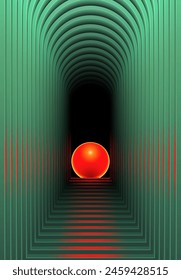 Retro futuristic card with red neon ball in the green corridor of aches. Retrowave or vaporwave 90s styled surreal background.