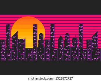 Retro futuristic city in the style of the 80s. Cyberpunk and retro wave style. Cityscape of the future megapolis against the backdrop of the sunset. Vector illustration