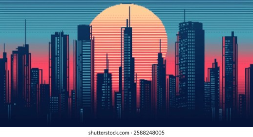 Retro futuristic cityscape at sunset with pixel art style for game design and posters