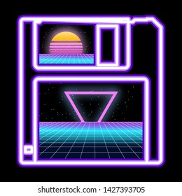 Retro futuristic composition with abstract diskette, light grid surface and striped alien sun against black background and stars. Cyberpunk concept. Wallpaper in a 80's style. Synthwave. Retrowave.