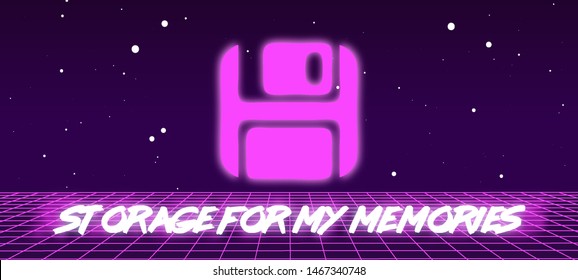 Retro futuristic composition with abstract diskette and light grid surface against black background and stars with text "Storage for my memories". Cyberpunk concept. Wallpaper in a style of 80's.