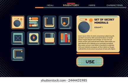 Retro futuristic cosmic illustration. Game Interfase template in retro futurism style. Good for retro posters, flyers, interfaces. Vector Illustration. EPS10
