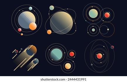 Retro futuristic cosmic illustration. Planet system flat elements. Good for retro posters, flyers, interfaces. Vector Illustration. EPS10