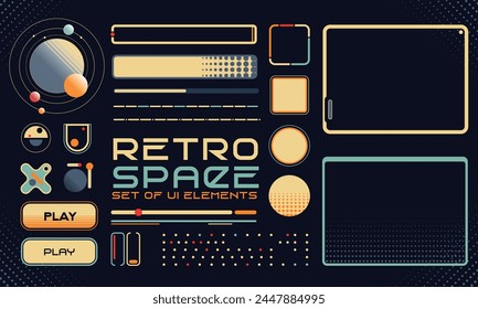 Retro futuristische kosmische Illustration Set. Game Interface Elemente für HUD im Retro-Futurismus-Stil. Gut für Retro-Poster, Flyer, Schnittstellen. Vektorillustration. EPS10