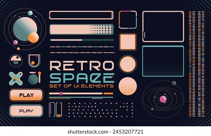 Retro futuristic cosmic illustration set. Game Interfase elements fo HUD in retro futurism style. Good for retro posters, flyers, interfaces. Vector Illustration. EPS10