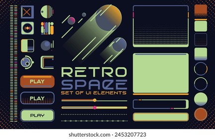 Retro futuristic cosmic illustration set. Game Interfase elements fo HUD in retro futurism style. Good for retro posters, flyers, interfaces. Vector Illustration. EPS10