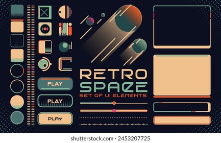 Retro futuristic cosmic illustration set. Game Interfase elements fo HUD in retro futurism style. Good for retro posters, flyers, interfaces. Vector Illustration. EPS10