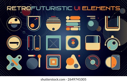 Conjunto de ilustração cósmica futurista retrô. Elementos Interfase do jogo para HUD em estilo retrofuturismo. Bom para posters retro, folhetos, interfaces. Ilustração de vetor. EPS10