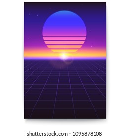 Retro futuristic covers. Abstract digital landscape in a cyber world in 1980s style. Sci Fi background for banner, brochure, layout, 3D illustration. Vector template of poster.
