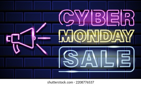 retro futuristic cyber monday sale banner with neon sign text effect