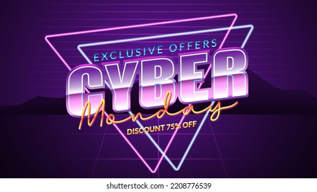 retro futuristic cyber monday sale banner with vintage background and neon glow effect