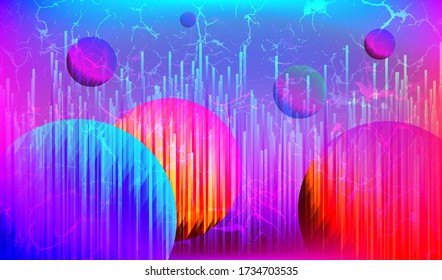 Retro Futuristic Cyberpunk Art Background with Abstract Planet, Technology 80s Cyber Style, Retrowave Bright  Banner, Retro wave Neon Space with Cyber Punk Aesthetics, Vector Illustration Art Design