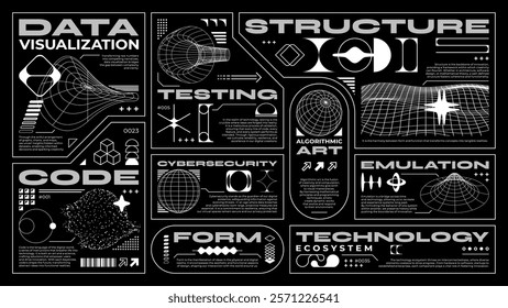 Retro futuristic cyberpunk labels, highlighting concepts like cybersecurity, data visualization, technology ecosystem, code and algorithm with a blend of modern digital aesthetics in black and white