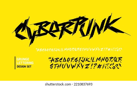 Retro futuristic Cyberpunk and Rock type font in 80s style with grunge brush alphabet set. Hand drawn grunge brush lettering  set. Vector vintage type font. Set for print tee and poster design