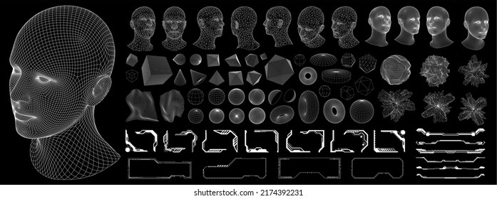Retro futuristic design elements. 3D wireframe shapes, cyberpunk windows and distorted grid, high and low poly human heads. Vector blanks for a poster, banner, business card, sticker - Shutterstock ID 2174392231