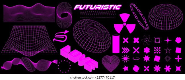 Retro futuristic design elements. 3D wireframe shapes in trendy retro cyberpunk 80s 90s style. Y2k aesthetic.