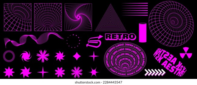 Retro futuristic design elements. 3D wireframe shapes in trendy retro cyberpunk 80s 90s style. Y2k aesthetic.
