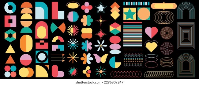 Retro futuristic design elements. Brutal modern star figure, oval spiral flower and other primitive elements in 2000 style. Templates for notes, posters, banners, stickers, business cards, website, we