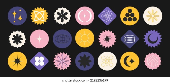 Retro futuristic design elements. collection of abstract graphic geometric symbols and objects in the year 2000 style. Templates for notes, posters, banners, stickers, business cards, logo.