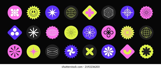 Retro futuristic design elements. collection of abstract graphic geometric symbols and objects in the year 2000 style. Templates for notes, posters, banners, stickers, business cards, logo.