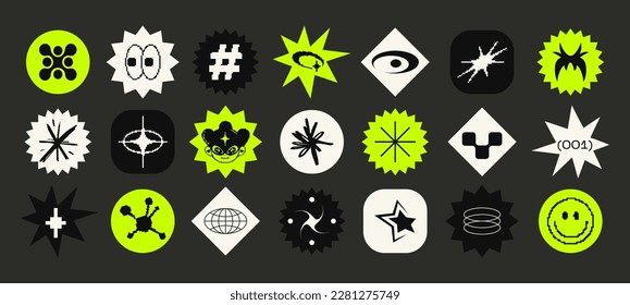 Retro futuristic design elements. collection of abstract graphic geometric symbols and objects in the year 2000 y2k style. Templates for notes, posters, banners, stickers, business cards, logo