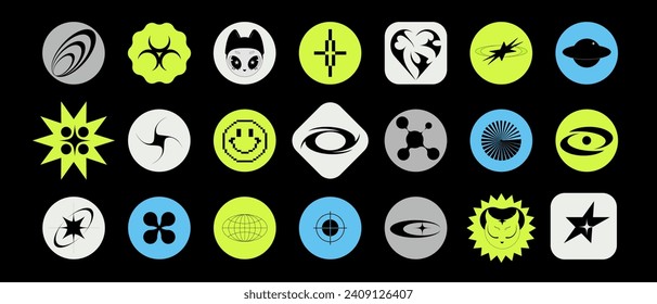 Retro futuristic design elements. Collection of abstract graphic geometric symbols and objects in the year 2000 y2k style. Templates for  posters, banners, stickers, business cards, logo.