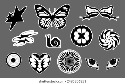 Retro futuristic design elements. Collection of abstract graphic geometric symbols and objects in the year 2000 y2k style. Templates for posters, banners, stickers, business cards, logo.