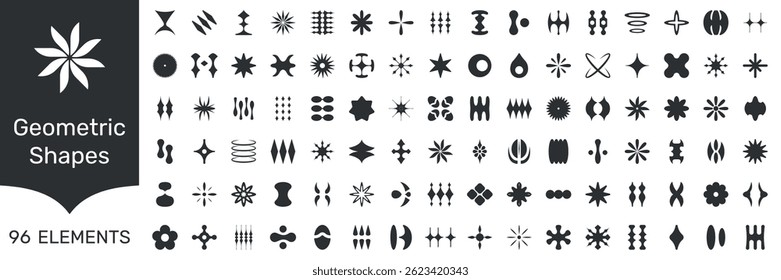 Retro Futuristic Design Elements Geometric Y2K Symbols Big Collection Solid Icon Set. Geometric Y2K Symbols Big Collection Silhouette Symbol Collection. Isolated Vector Illustration.