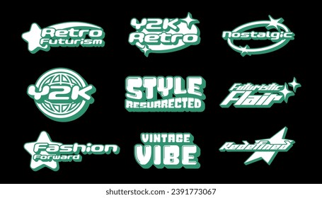 Retro futuristic element for design. Collection of symbol slogans in y2k style. Template for posters, stickers and screen printing on clothes.