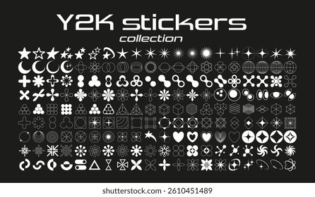 Retro Futuristic Elements for Design. Abstract Geometric Symbols and Objects in Y2K Style. Templates for Posters, Banners, Stickers, Business Cards