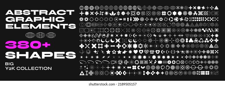 Retro futuristic elements for design. Big collection of abstract graphic geometric symbols and objects in y2k style. Templates for notes, posters, banners, stickers, business cards, logo. - Shutterstock ID 2189505157