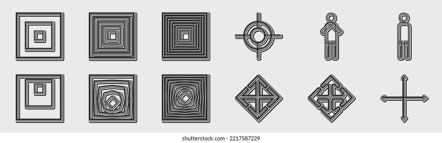 Retro futuristische Elemente für Design. Große Kollektion abstrakter geometrischer Objekte. Abstraktes Bauhaus und boho kosmischer Stil. Symbolsammlung. Vektorgrafik