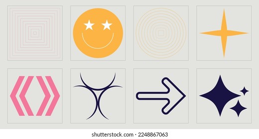 Elementos retro futuristas para el diseño. Gran colección de símbolos geométricos gráficos abstractos. Plantillas para notas, carteles. Estrellas, starburst. Ilustración del vector