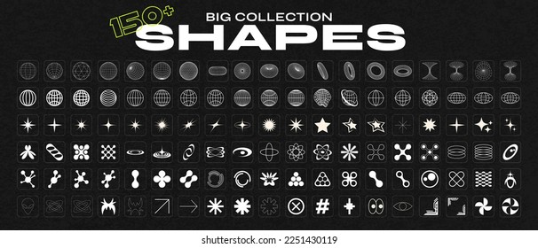 Retro futuristic elements for design. Big collection of abstract graphic geometric symbols and objects in y2k style. Templates for notes, posters, banners, stickers, business cards, logo.