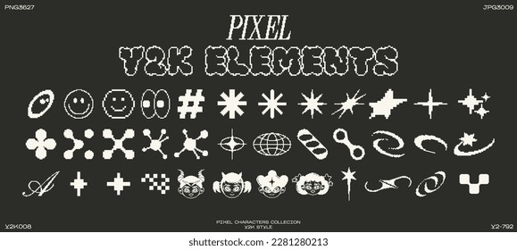 Retro futuristic elements for design. Big collection of abstract graphic pixel geometric symbols and objects in y2k style. Templates for notes, posters, banners, stickers, business cards, logo