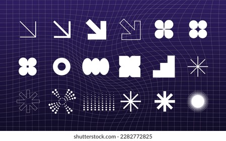 Retro futuristic elements for design. Big collection of abstract graphic geometric symbols and objects in y2k style. Templates for notes, posters, banners, stickers, business cards, logo.