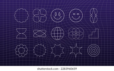 Retro futuristic elements for design. Big collection of abstract graphic geometric symbols and objects in y2k style. Templates for notes, posters, banners, stickers, business cards, logo.