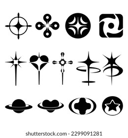 Retro futuristische Elemente für Design. Große Sammlung abstrakter geometrischer Symbole und Objekte im y2k-Stil