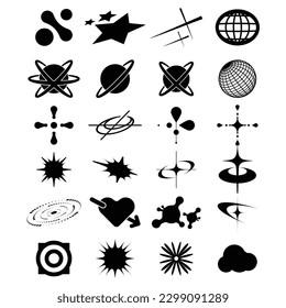 Retro futuristic elements for design. Big collection of abstract graphic geometric symbols and objects in y2k style