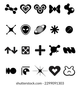 Retro futuristic elements for design. Big collection of abstract graphic geometric symbols and objects in y2k style