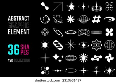 Retro futuristic elements for design. Big collection of abstract graphic geometric symbols and objects in y2k style. Templates for tshrit design, posters, banners, stickers, logo. Vector EPS